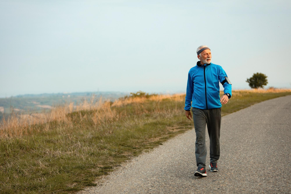 Sportovně oblečený starší muž na procházce v přírodě