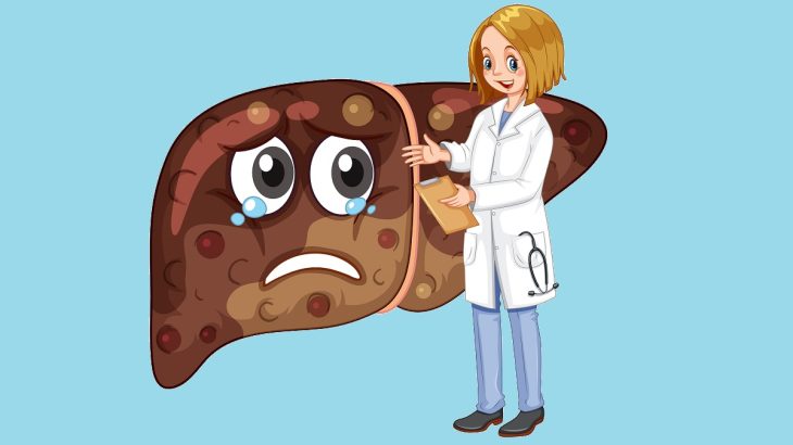 Kreslený obrázek doktorky stojící u nemocných jater