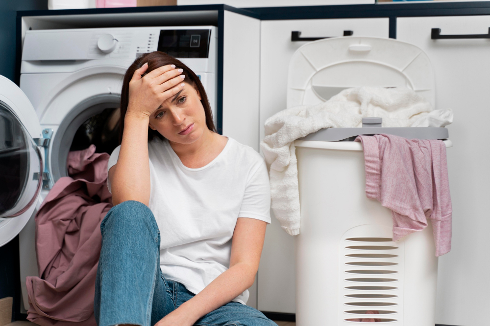 Žena sedící vyčerpaně u pračky a okolo ní plno prádla
