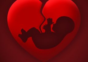 Kreslený obrázek naprasklého srdce a miminka v něm