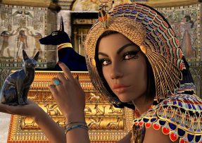 Egyptská královna se soškou kočky a egyptskými malbami v pozadí