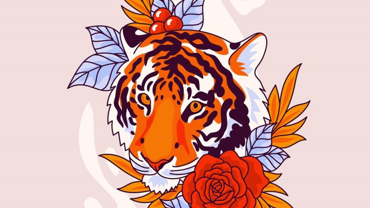 Kreslený čínský tygr s květinami