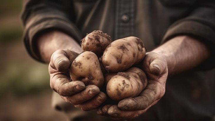 Mužské ruce držící brambory od hlíny