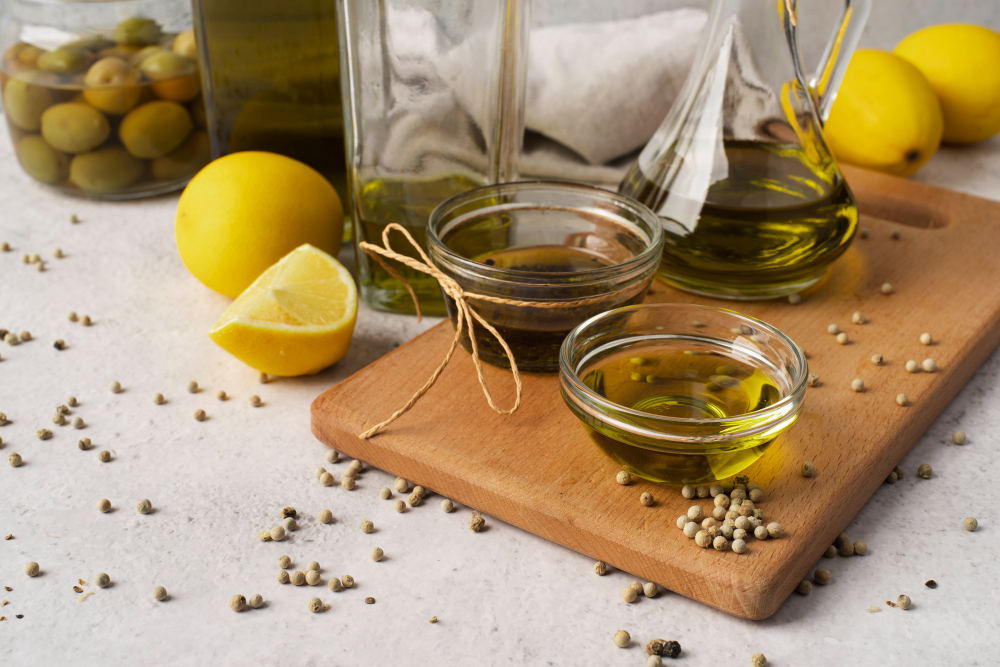 Olivový olej v miskách a citron 
