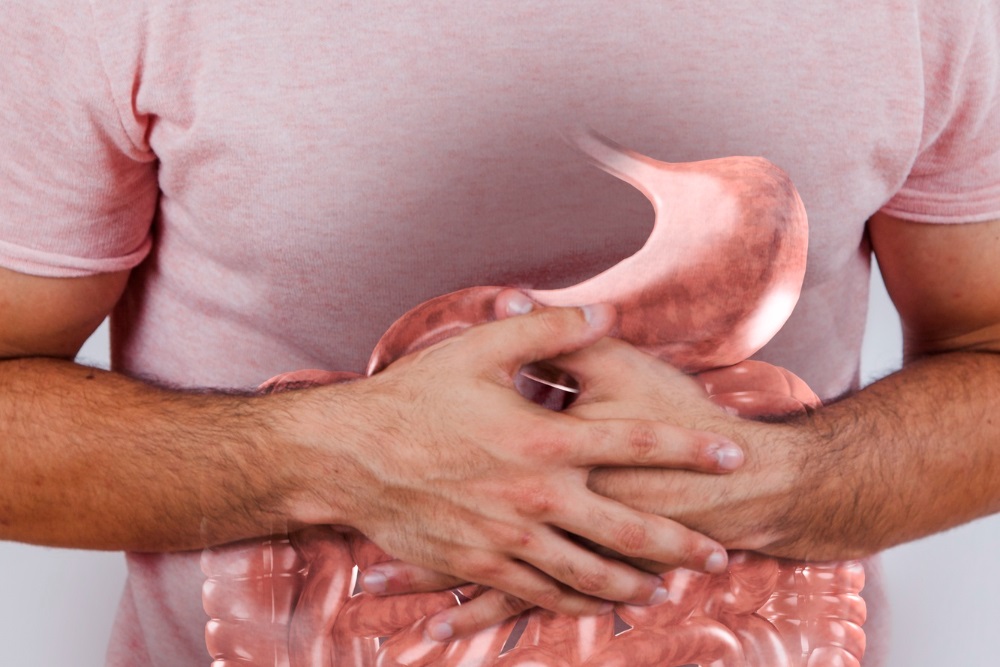 Umístění žaludku na mužském břichu
