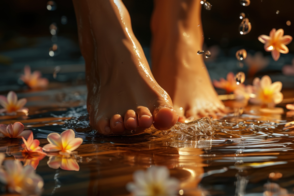 Bosé nohy ve vodě a květech
