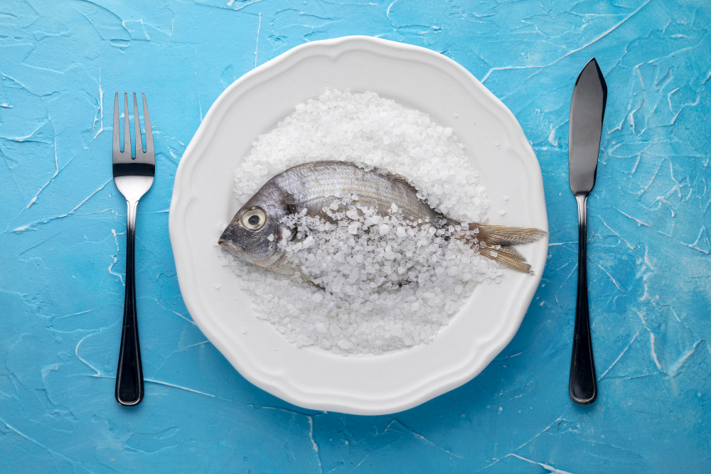 Ryba na talíři v soli s příborem